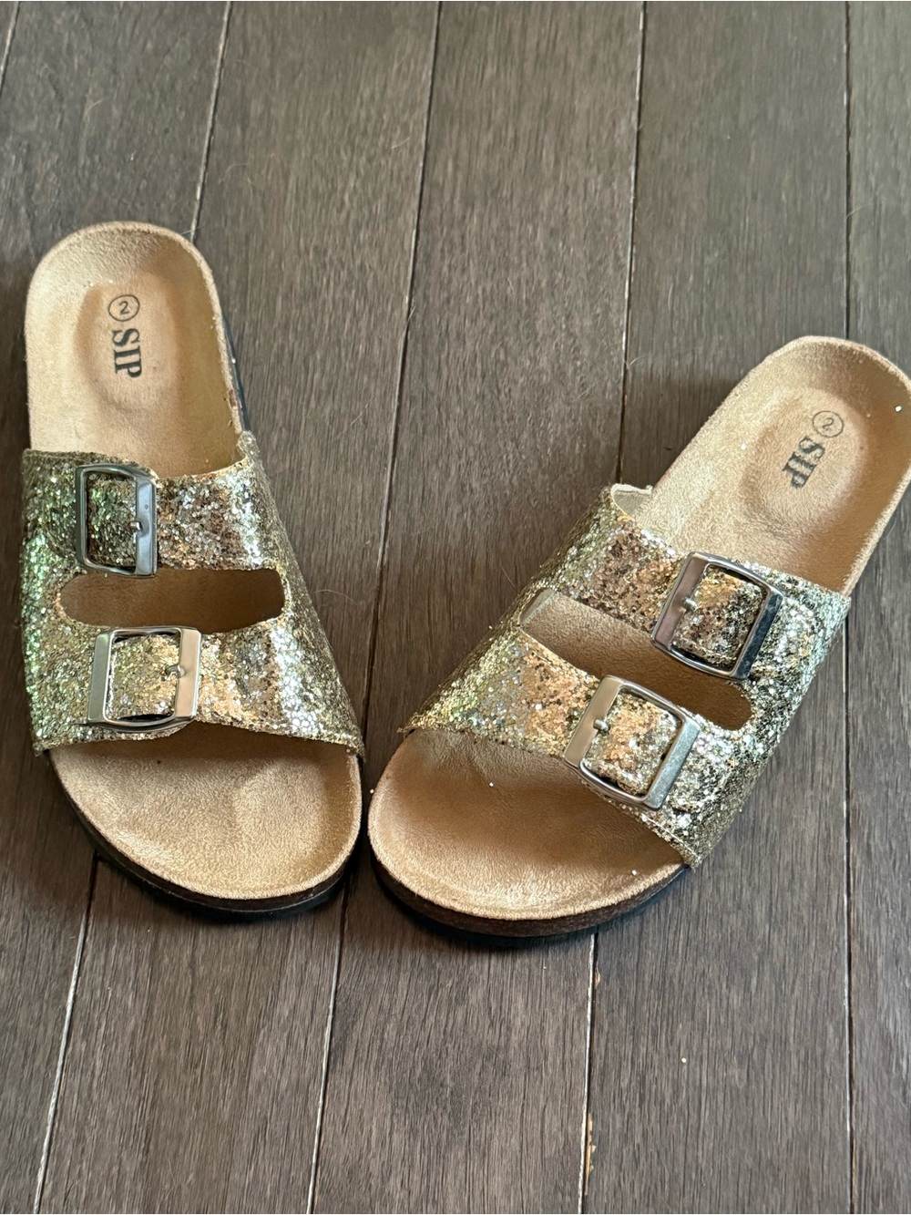 Glitter Double-Buckle Slide Sandals in Gold girls size 2